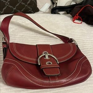 Coach Red Leather Shoulder Bag with Silver Buckle